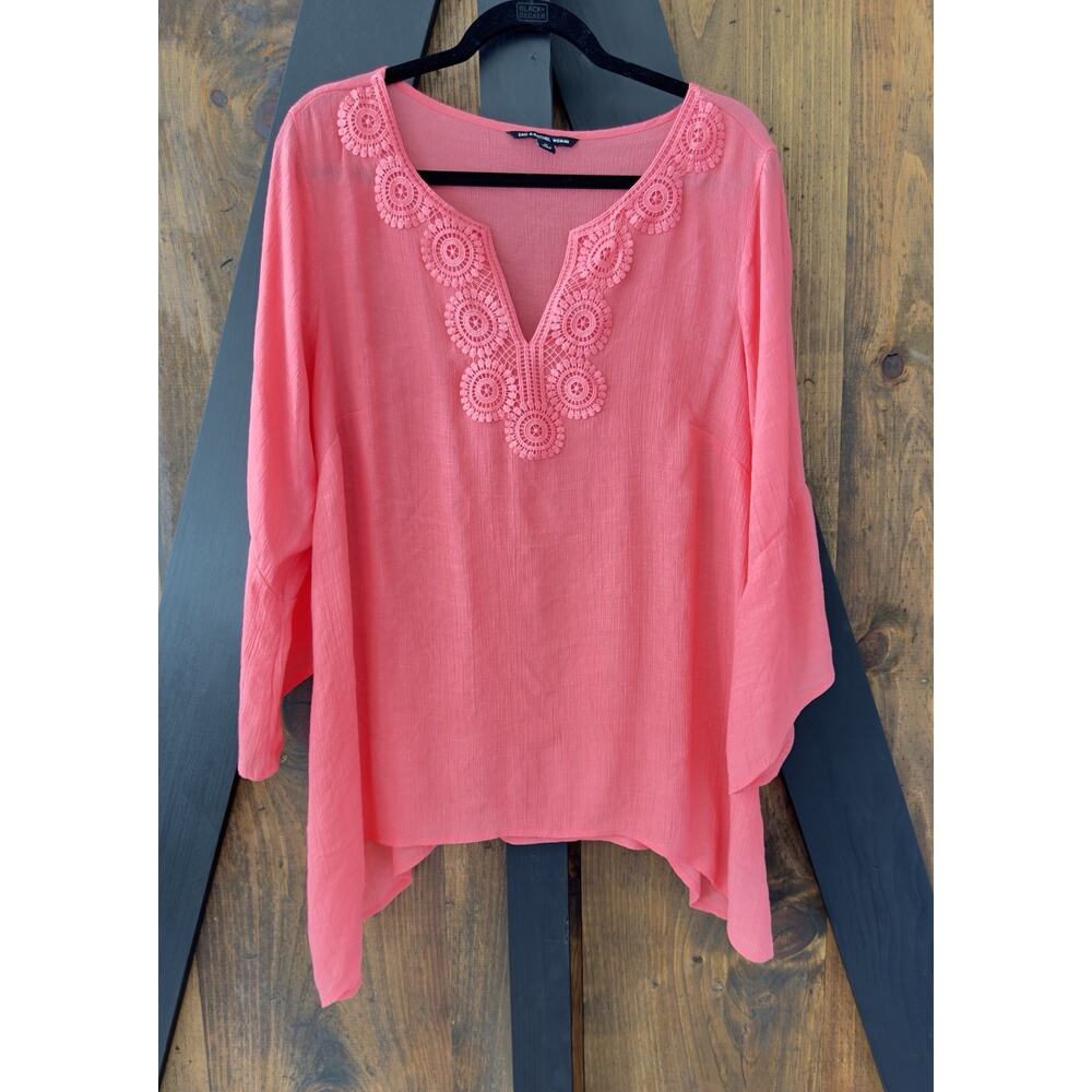 Zac & Rachel Coral V-Neck Embroidered Lace Blouse Cover Up Top Plus Size 1X
